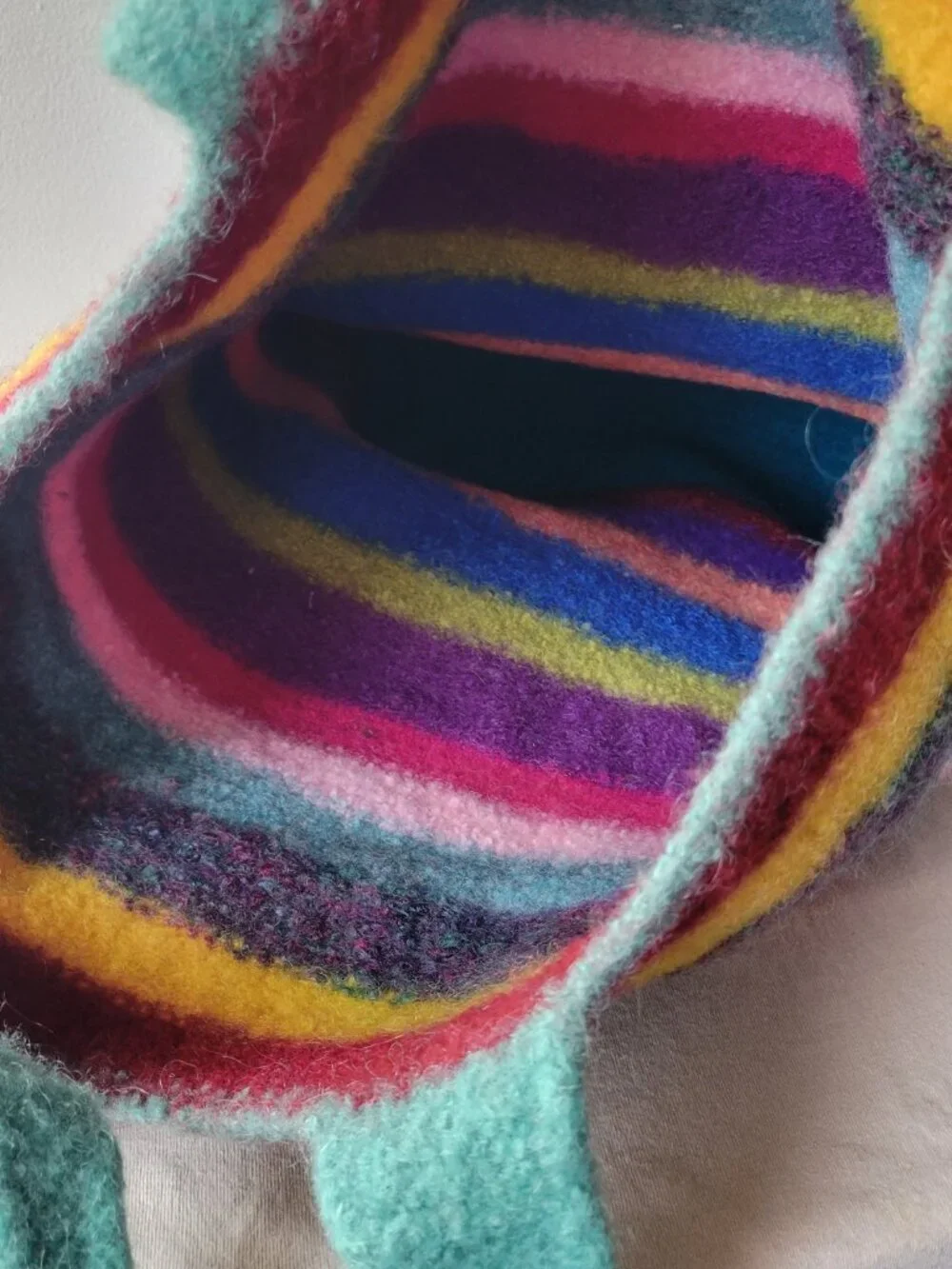 Colorful Felted Wool Tote Bag Rainbow Stripe Shoulder Bag Boho Artisan NWOT